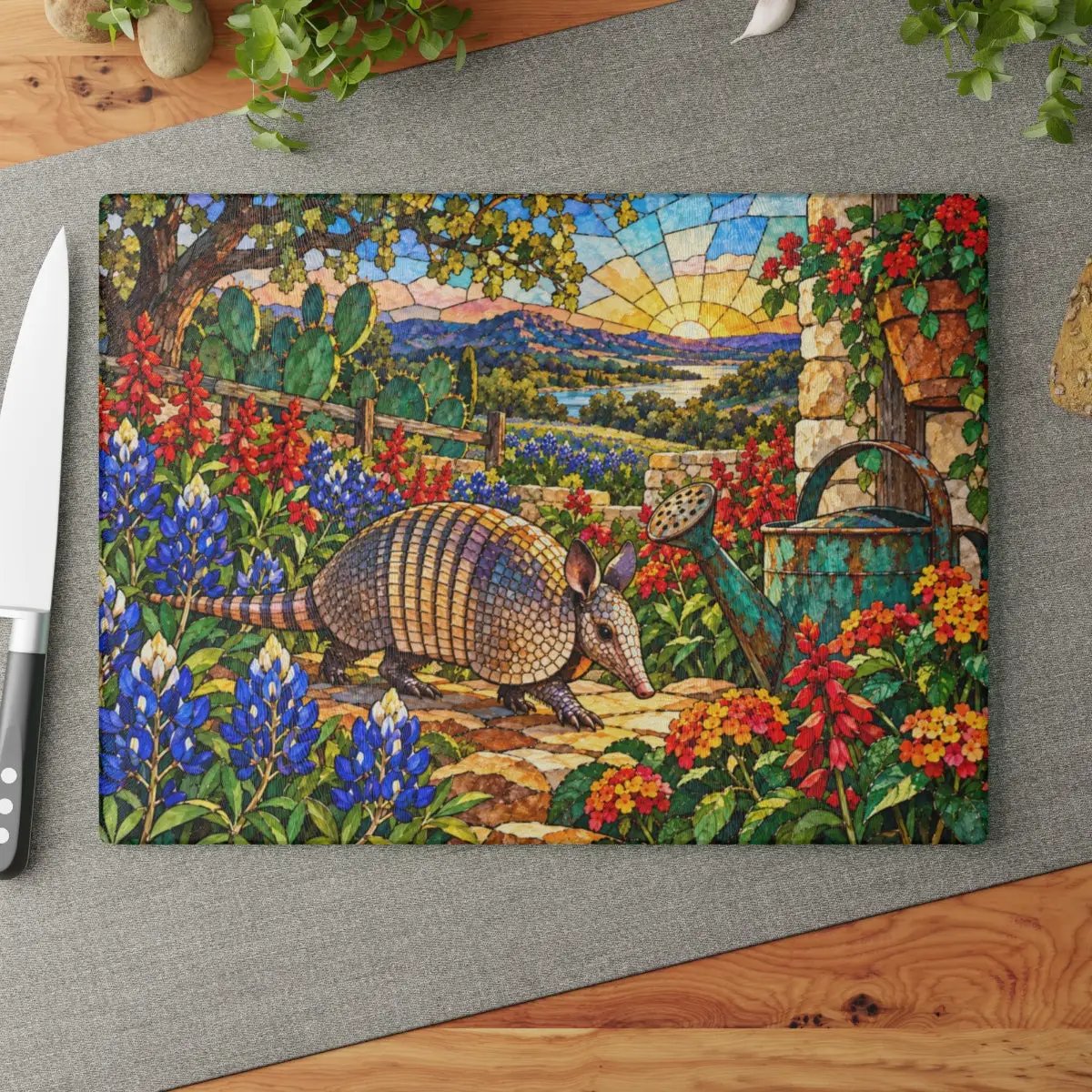Texas Armadillo Glass Cutting Board, Stained Glass Bluebonnet Kitchen Decor, Colorful Lone Star State Gift