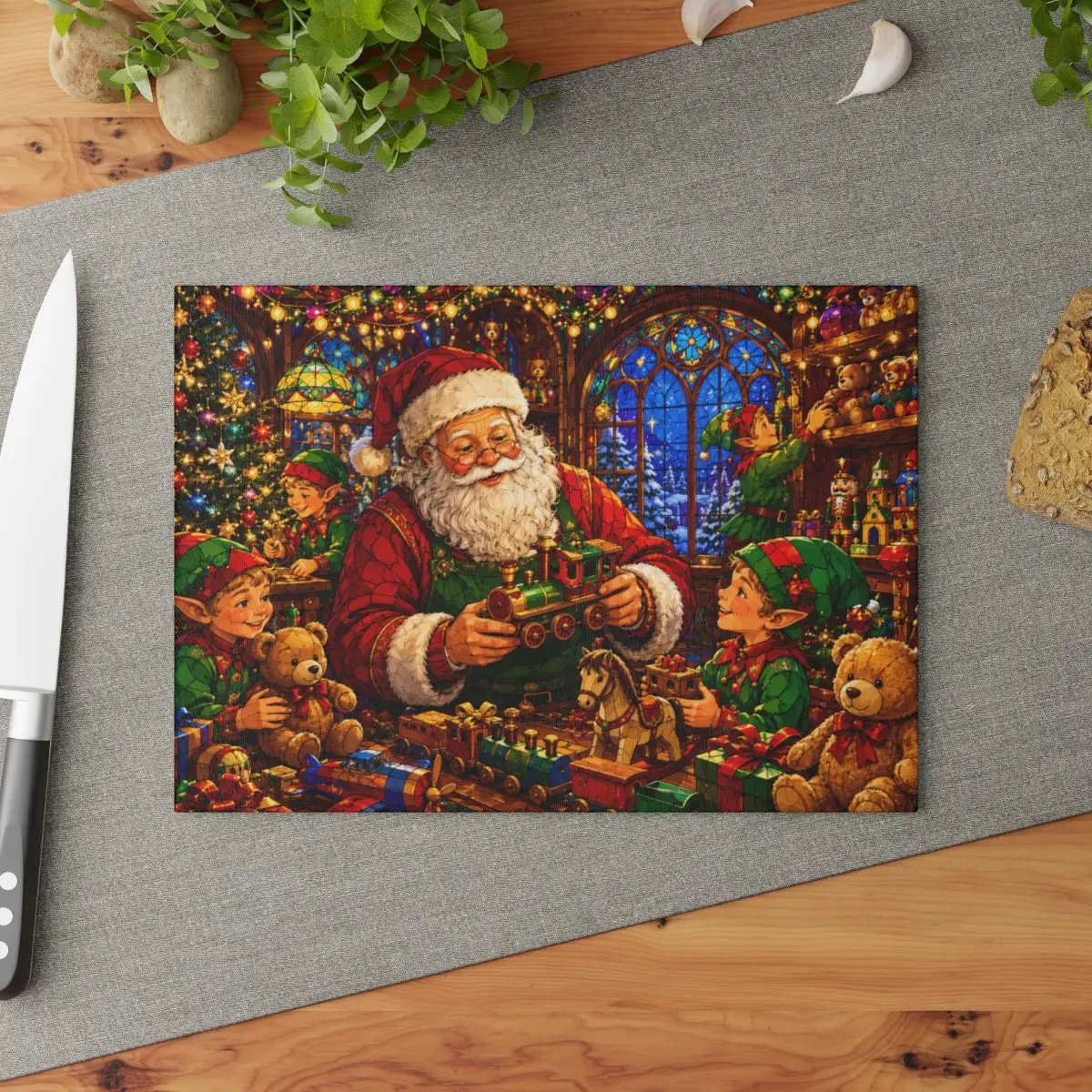 Santa Workshop Glass Cutting Board, Christmas Kitchen Decor, Santa and Elves Stained Glass Art, Holiday Serving Board, Christmas Gift