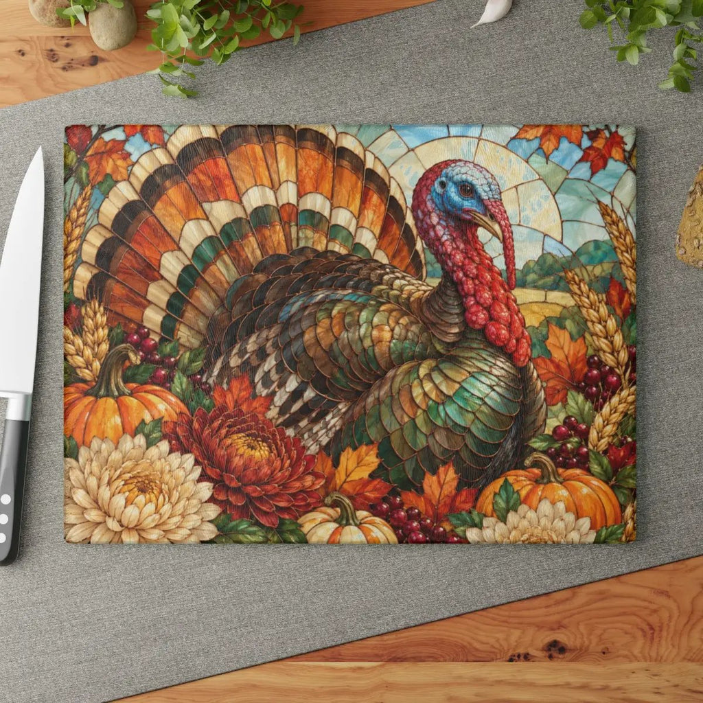 Thanksgiving Turkey Glass Cutting Board, Stained Glass Turkey Kitchen Decor, Fall Floral Harvest Cutting Board, Autumn Gift