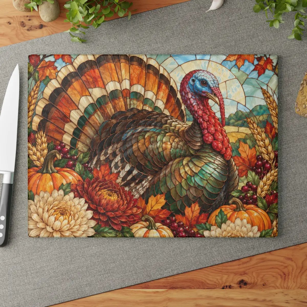 Thanksgiving Turkey Glass Cutting Board, Stained Glass Turkey Kitchen Decor, Fall Floral Harvest Cutting Board, Autumn Gift