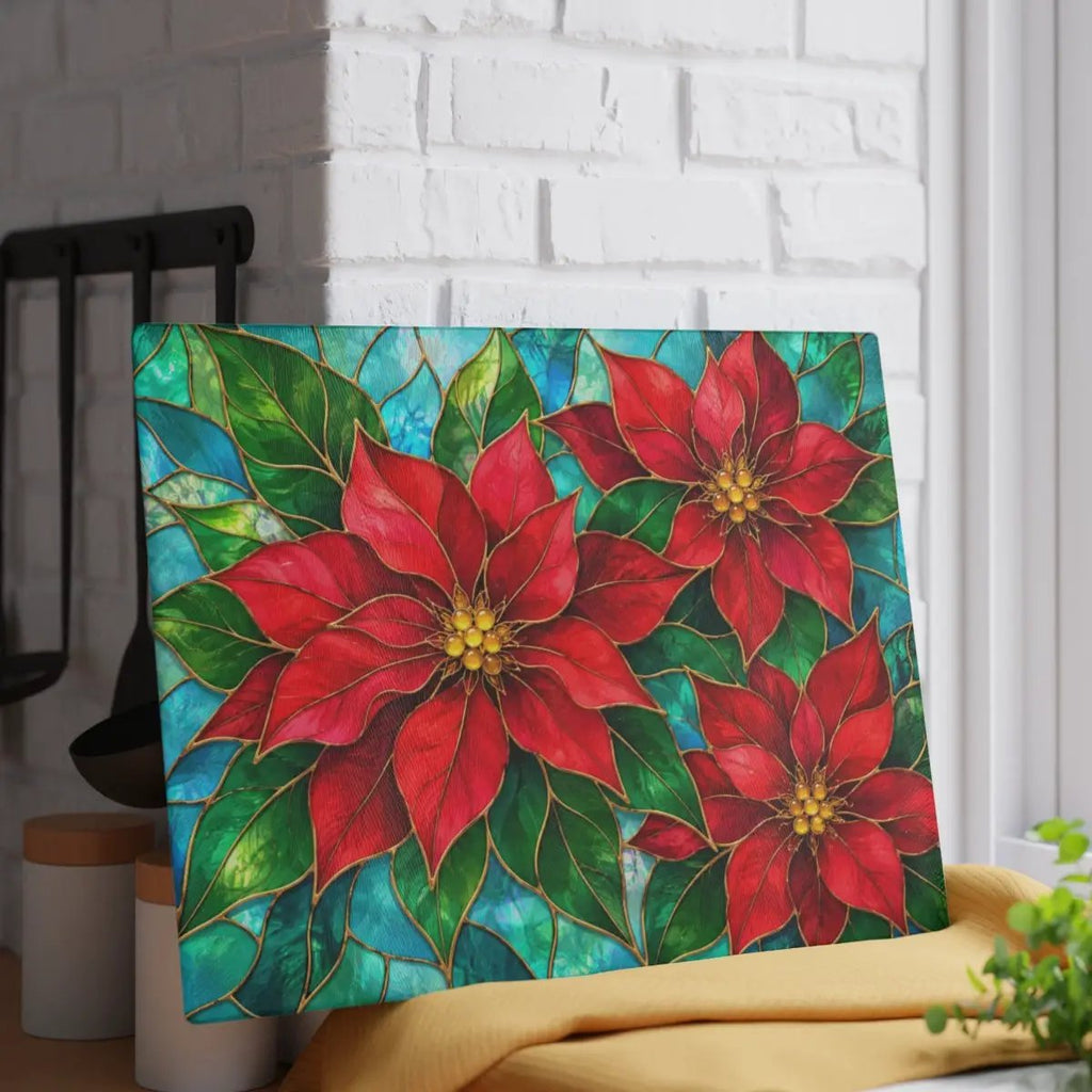 Christmas Poinsettia Glass Cutting Board, Red Floral Kitchen Decor, Tempered Chopping Board, Holiday Cooking Gift for Flower Lovers