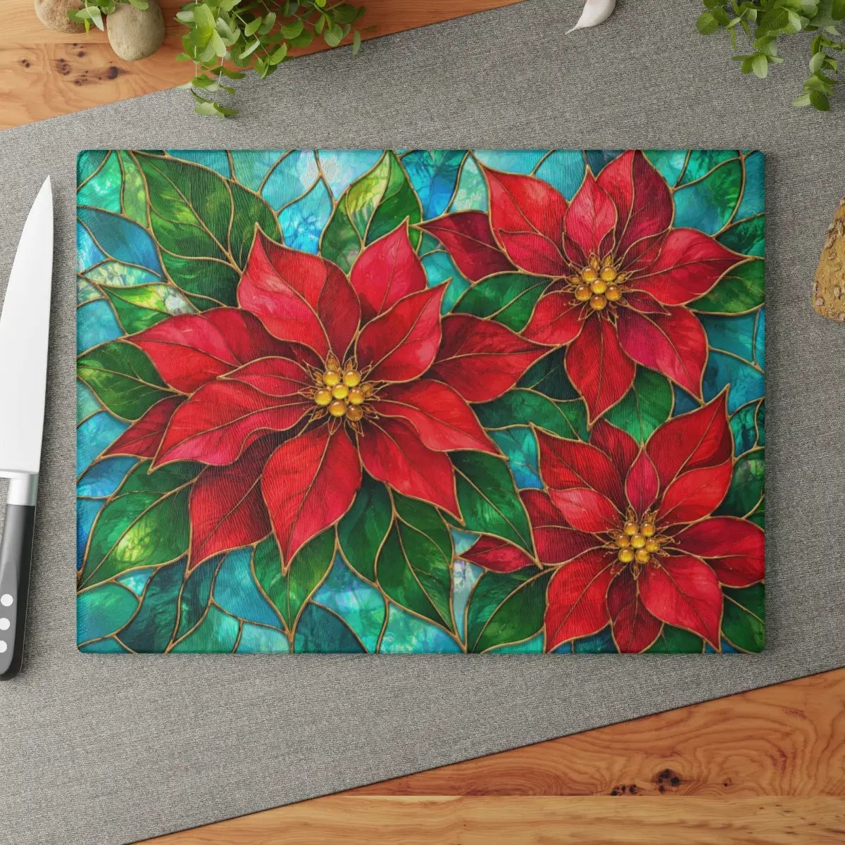 Christmas Poinsettia Glass Cutting Board, Red Floral Kitchen Decor, Tempered Chopping Board, Holiday Cooking Gift for Flower Lovers