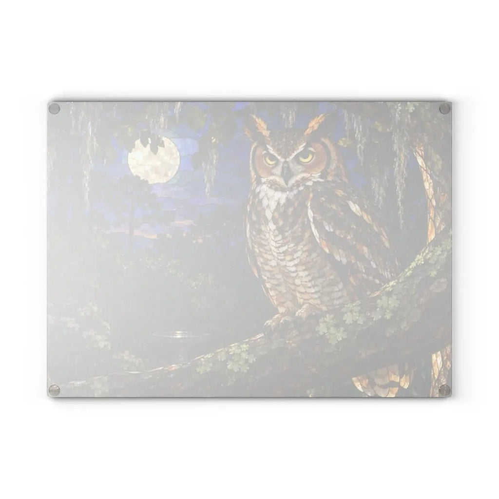 Great Horned Owl Glass Cutting Board, Owl Kitchen Decor, Backyard Bird Lover Gift, Birdwatcher Gift, Woodland Serving Board