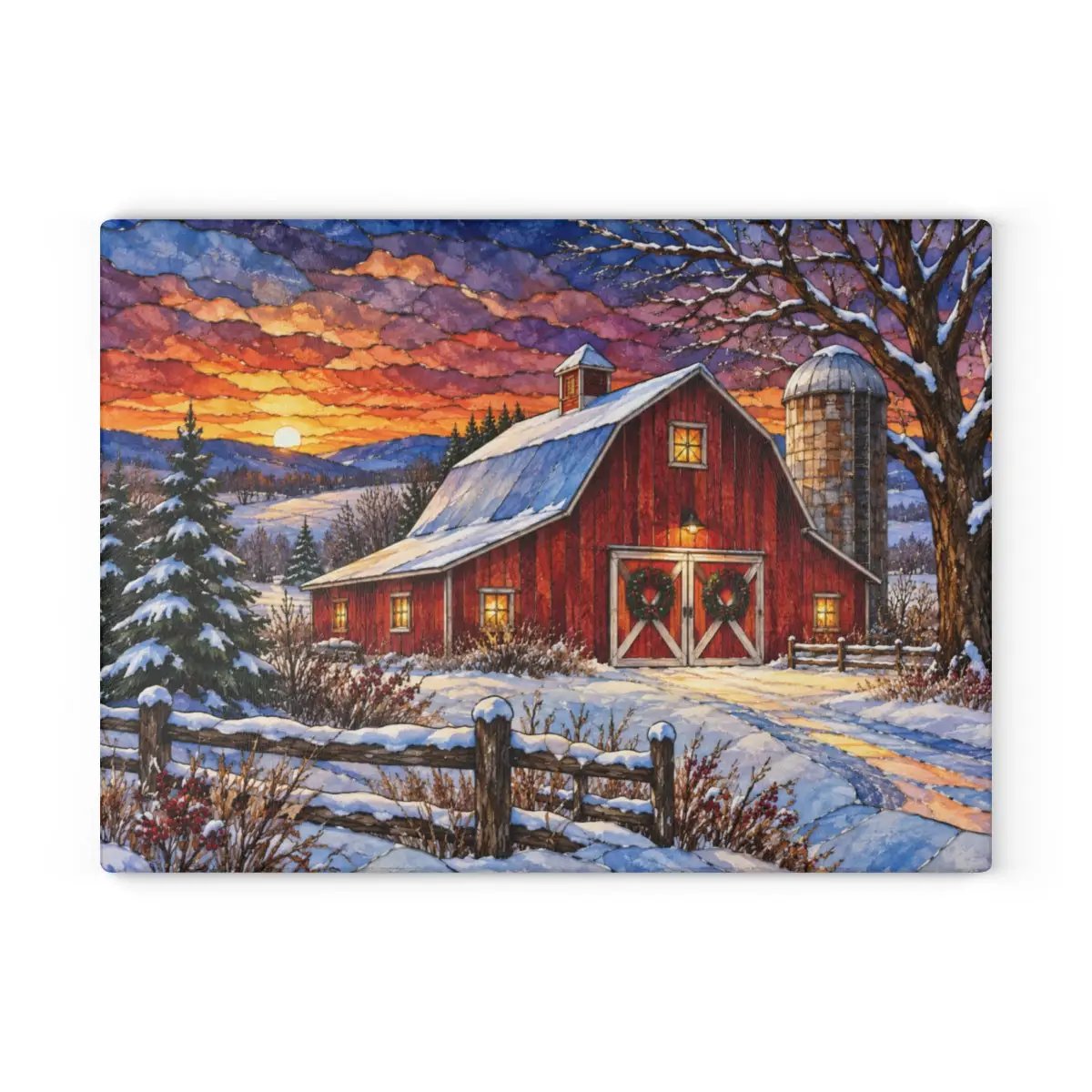 Personalized Winter Barn Cutting Board, Country Farmhouse Kitchen Decor, Stained Glass Farm Scene, Rustic Christmas Gift, Custom Family Gift