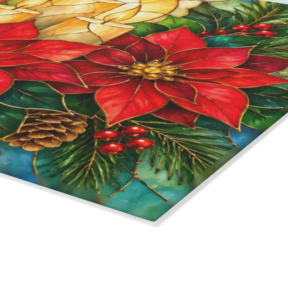 Christmas Poinsettia Glass Cutting Board, Holiday Candle Kitchen Decor, Tempered Chopping Board, Festive Winter Kitchen Gift Idea