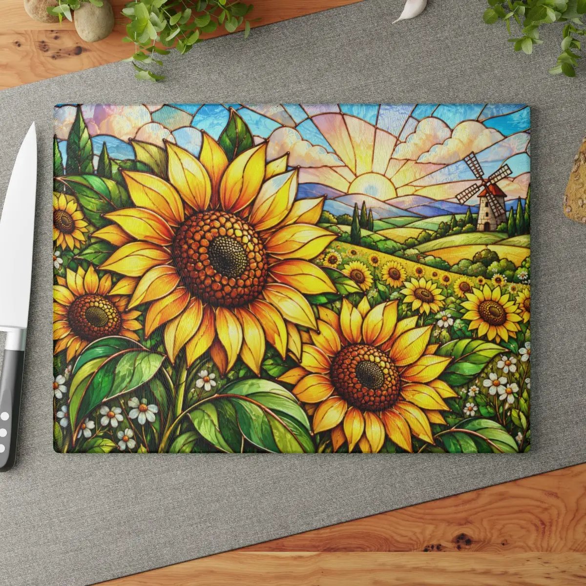 Sunflower Glass Cutting Board, Windmill Kitchen Decor, Sunflower Meadow Cutting Board, Country Floral Gift, Stained Glass Kitchen Art