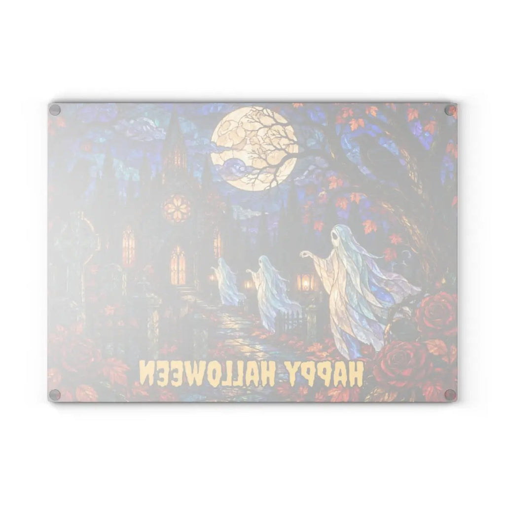 Halloween Ghost Personalized Glass Cutting Board, Haunted Graveyard Kitchen Decor