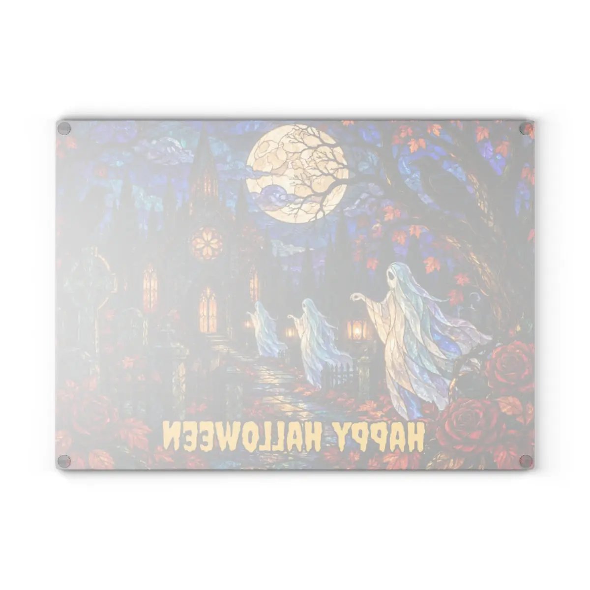Halloween Ghost Personalized Glass Cutting Board, Haunted Graveyard Kitchen Decor