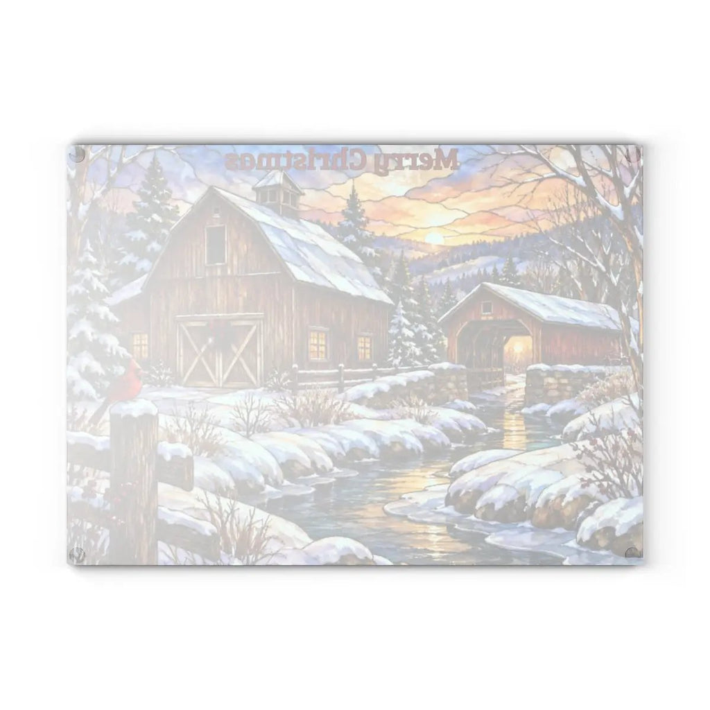 Cardinal Creek Winter Barn Glass Cutting Board, Red Cardinal Farmhouse Kitchen Decor, Country Christmas Gift
