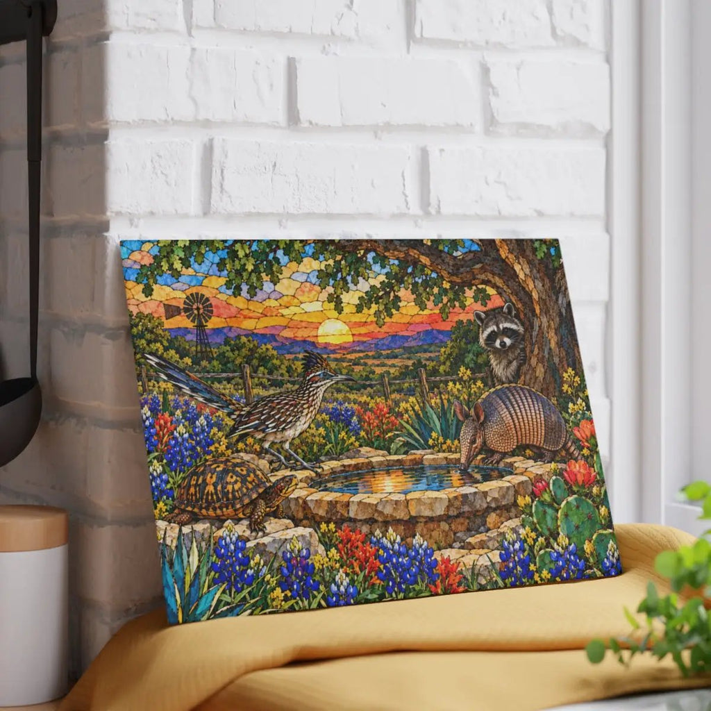 Texas Wildlife Glass Cutting Board, Roadrunner Armadillo Raccoon Bluebonnet Kitchen Decor, Waterhole Texas Gift, Colorful Southwest Art