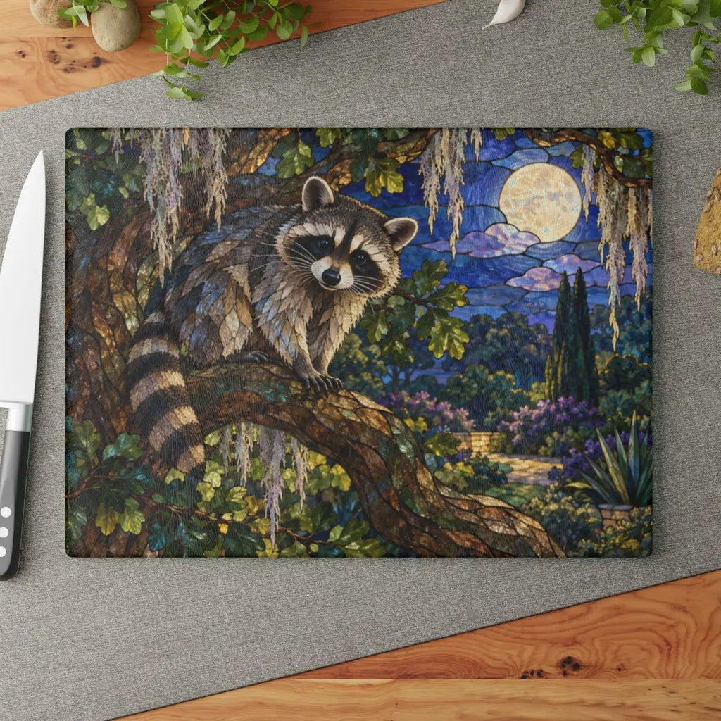 Raccoon Glass Cutting Board, Woodland Kitchen Decor, Moonlit Forest Chopping Board, Wildlife Lover Gift, Rustic Nature Kitchen Accent