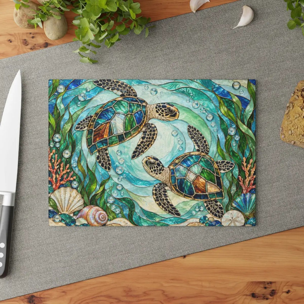 Sea Turtle Glass Cutting Board, Ocean Kitchen Decor, Coastal Serving Board, Marine Life Gift, Sea Lover Kitchen Accessory, Beach House
