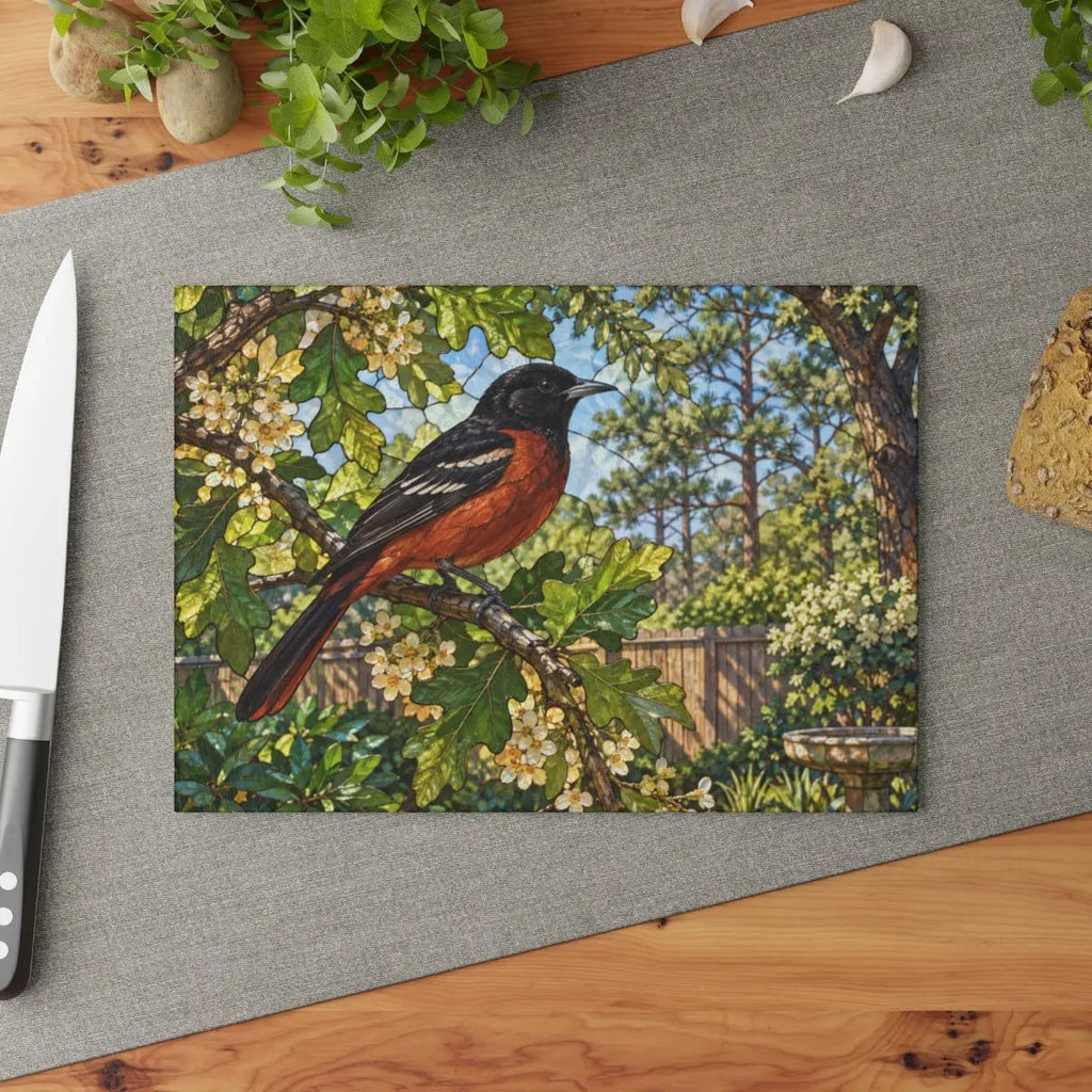 Orchard Oriole Glass Cutting Board, Backyard Bird Kitchen Decor, Oriole Bird Lover Gift, Nature Serving Board, Birdwatcher Gift