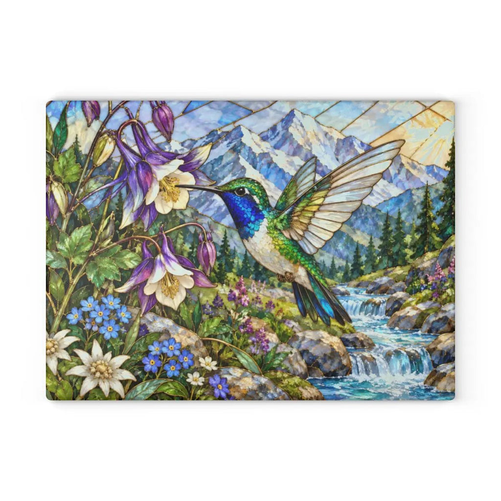 Hummingbird Glass Cutting Board, Stained Glass Mountain Art, Columbine Flower Kitchen Decor, Bird Lover Gift, Alpine Nature Cutting Board