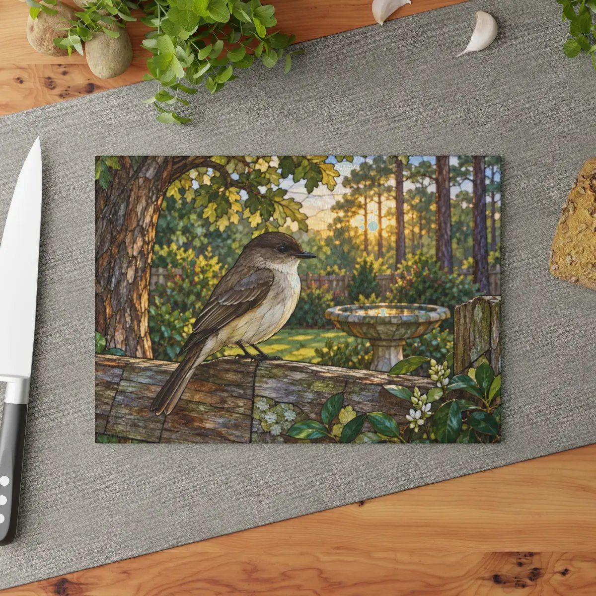 Eastern Phoebe Glass Cutting Board, Backyard Bird Kitchen Decor, Birdwatcher Gift, Bird Lover Gift, Nature Inspired Serving Board