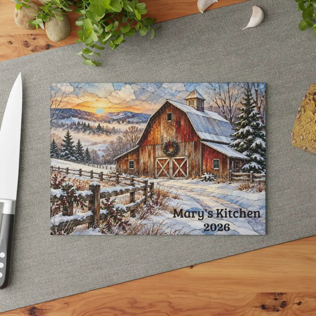 Snowfall Ridge Winter Barn Personalized Cutting Board, Country Farmhouse Kitchen Decor, Stained Glass Farm Scene, Rustic Christmas Gift, Custom Family Gift