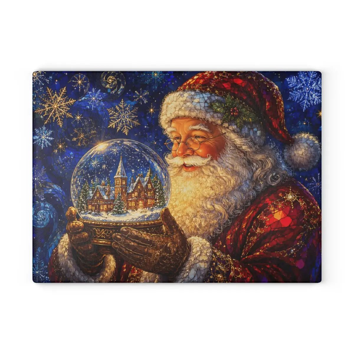 Santa Snow Globe Glass Cutting Board, Stained Glass Christmas Decor, Santa Claus Kitchen Gift, Holiday Serving Board, Christmas Gift