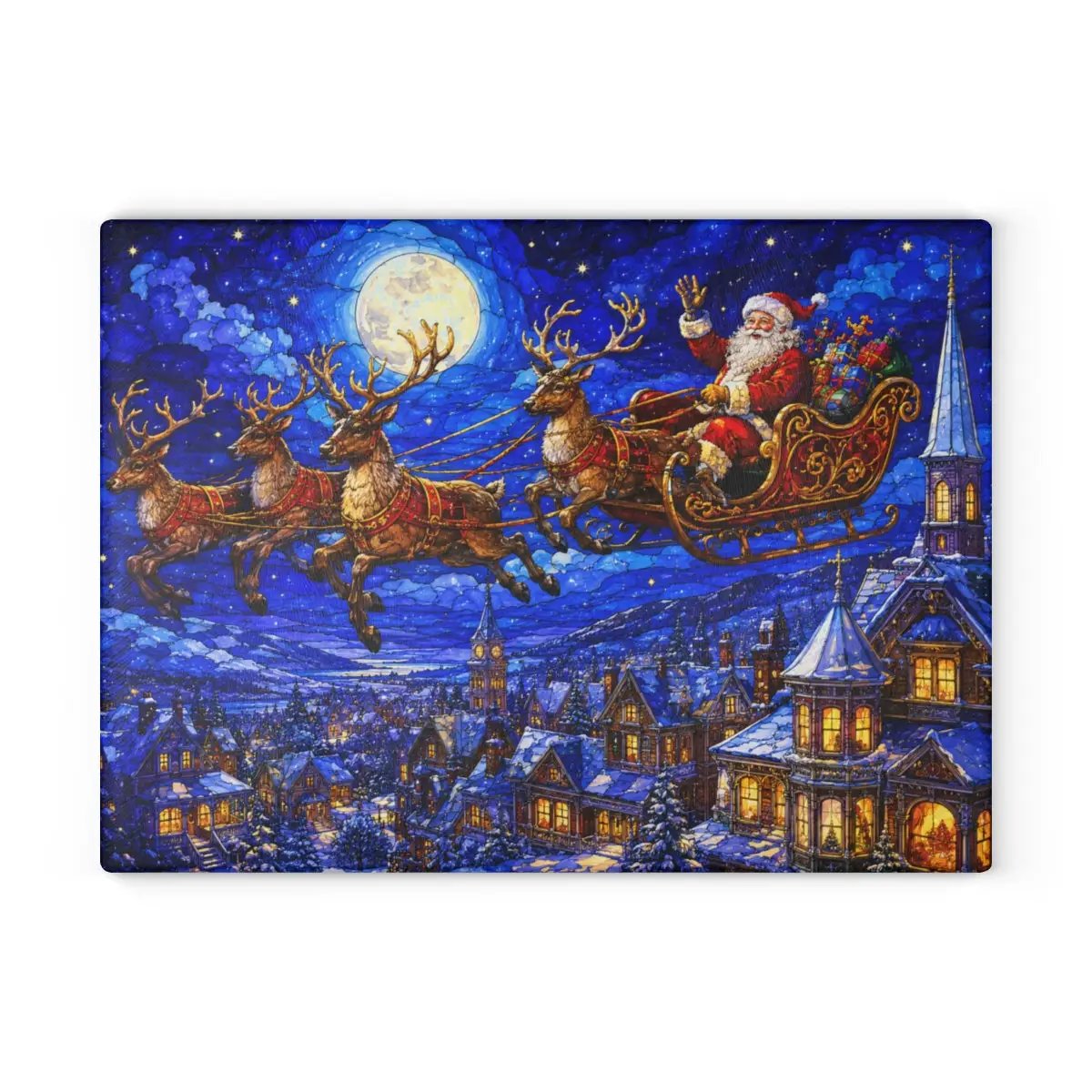 Santa Sleigh Glass Cutting Board, Reindeer Christmas Kitchen Decor, Christmas Eve Serving Board, Stained Glass Santa Gift, Holiday Decor