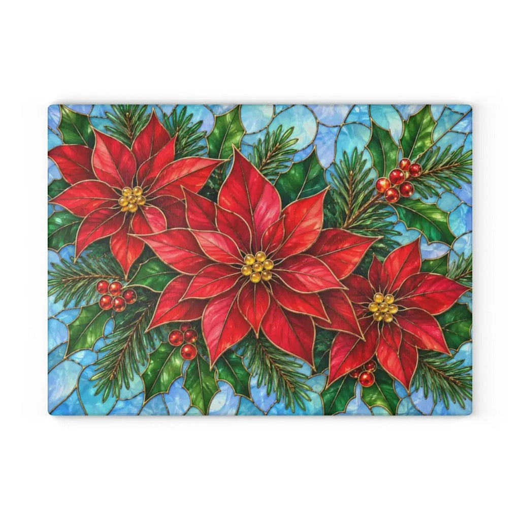 Christmas Poinsettia Glass Cutting Board, Evergreen Holiday Kitchen Decor, Red Floral Serving Board, Festive Winter Cooking Gift Idea