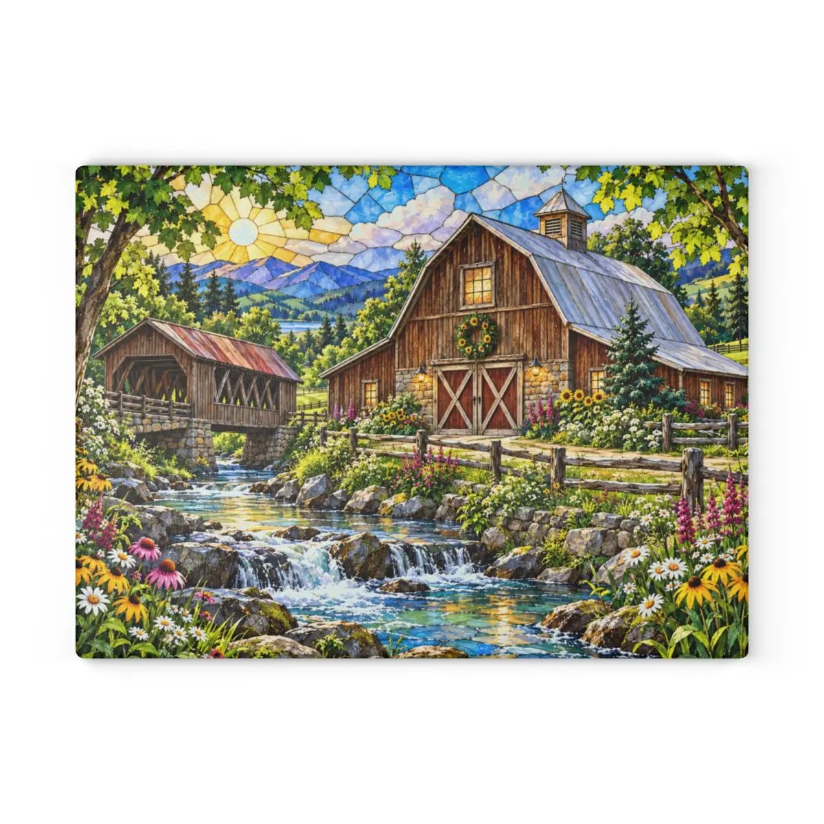 Summer Barn Wall Art, Texas Country Landscape, Rustic Farmhouse Decor, Stained Glass Style Barn Art, Country Summer Wall Decor