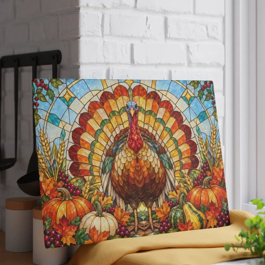 Thanksgiving Turkey Glass Cutting Board, Stained Glass Turkey Kitchen Decor, Fall Harvest Chopping Board, Thanksgiving Gift