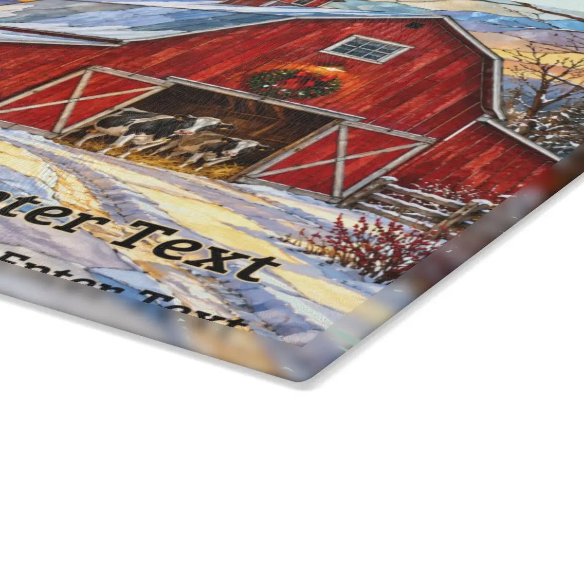 Christmas Red Barn Glass Cutting Board, Winter Farmhouse Decor, Cow Christmas Gift, Country Kitchen Decor, Farmhouse Holiday Gift