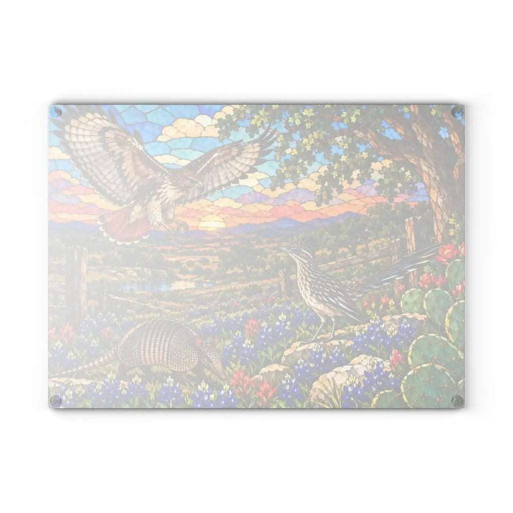 Texas Wildlife Glass Cutting Board, Roadrunner, Armadillo, Hawk Art, Bluebonnet Kitchen Decor, Hill Country Gift, Texas Wildlife Decor