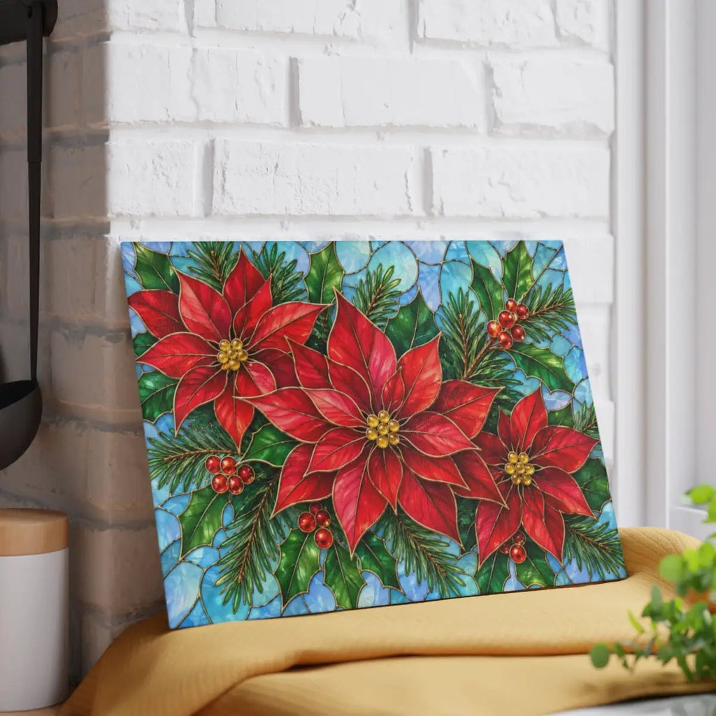 Christmas Poinsettia Glass Cutting Board, Evergreen Holiday Kitchen Decor, Red Floral Serving Board, Festive Winter Cooking Gift Idea