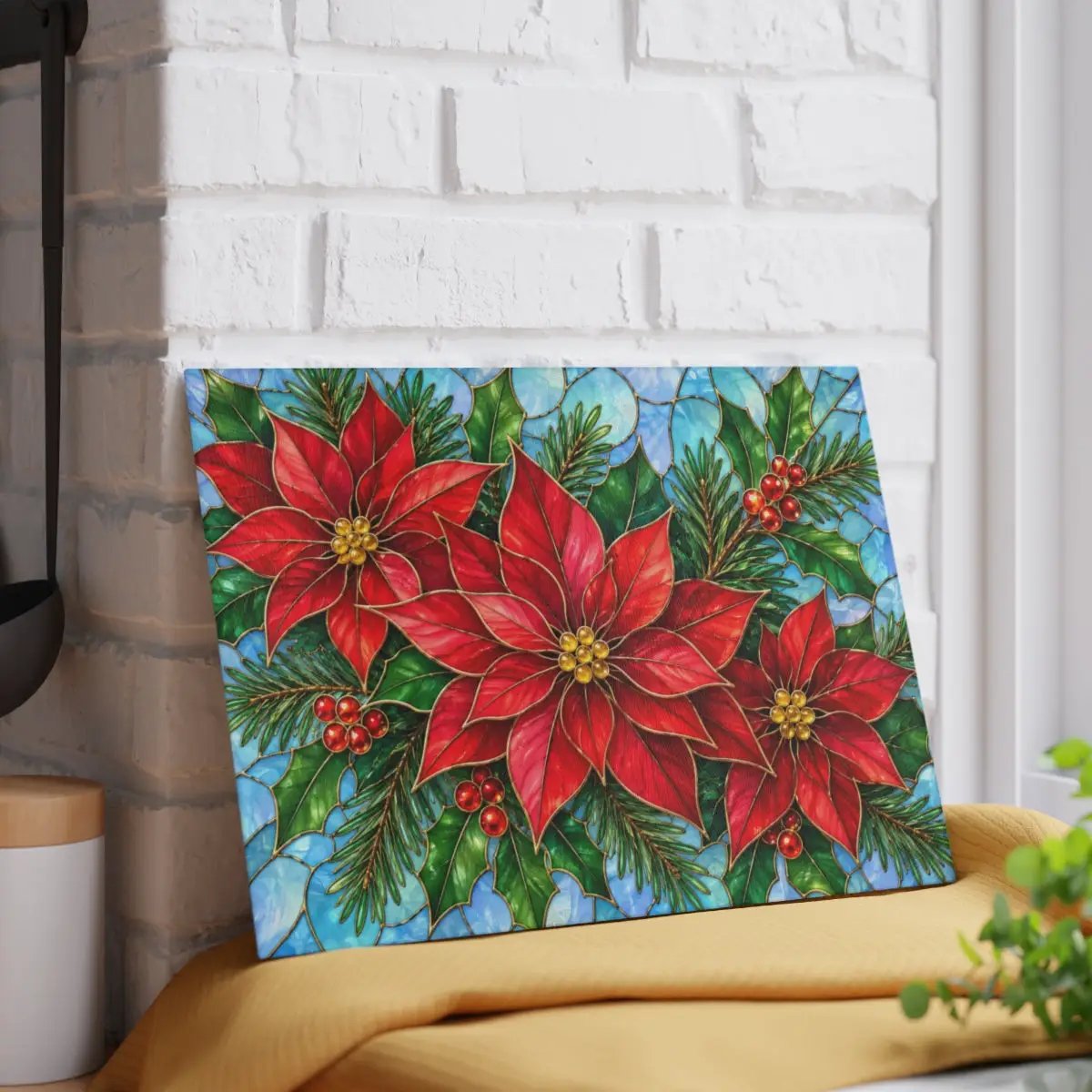 Christmas Poinsettia Glass Cutting Board, Evergreen Holiday Kitchen Decor, Red Floral Serving Board, Festive Winter Cooking Gift Idea