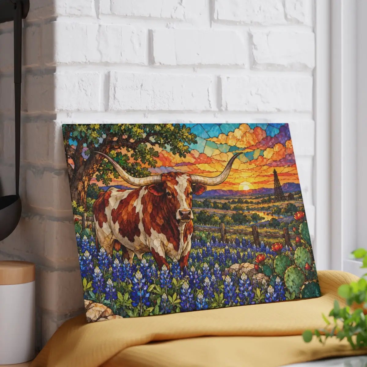 Texas Longhorn Glass Cutting Board, Bluebonnet Kitchen Decor, Texas Cow Gift, Western Kitchen Decor, Texas Housewarming Gift