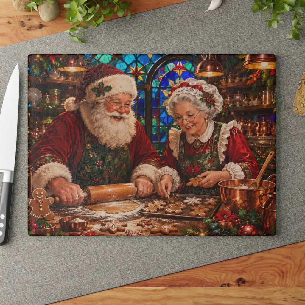 Santa and Mrs Claus Glass Cutting Board, Christmas Baking Decor, Gingerbread Kitchen Decor, Stained Glass Christmas Gift, Holiday Board