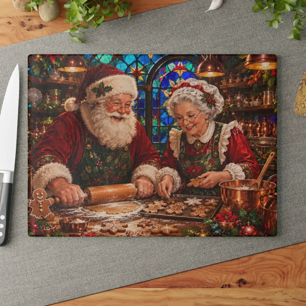 Santa and Mrs Claus Glass Cutting Board, Christmas Baking Decor, Gingerbread Kitchen Decor, Stained Glass Christmas Gift, Holiday Board