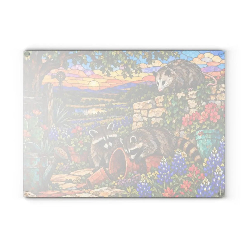 Mischief Opossum Glass Cutting Board, Texas Wildlife Kitchen Decor, Bluebonnet Possum Art, Funny Country Kitchen Gift, Texas Gift