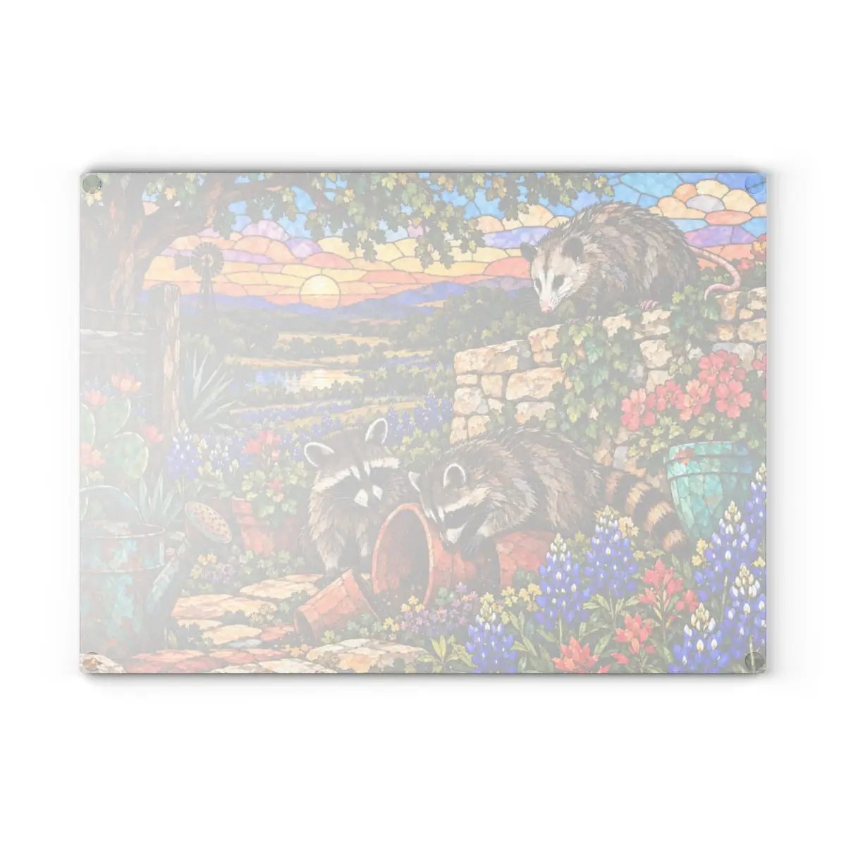 Mischief Opossum Glass Cutting Board, Texas Wildlife Kitchen Decor, Bluebonnet Possum Art, Funny Country Kitchen Gift, Texas Gift