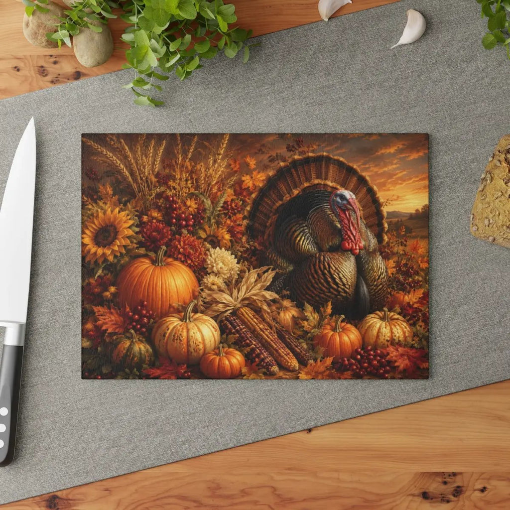 Turkey Glass Cutting Board, Thanksgiving Kitchen Decor, Fall Harvest Cutting Board, Turkey Hostess Gift