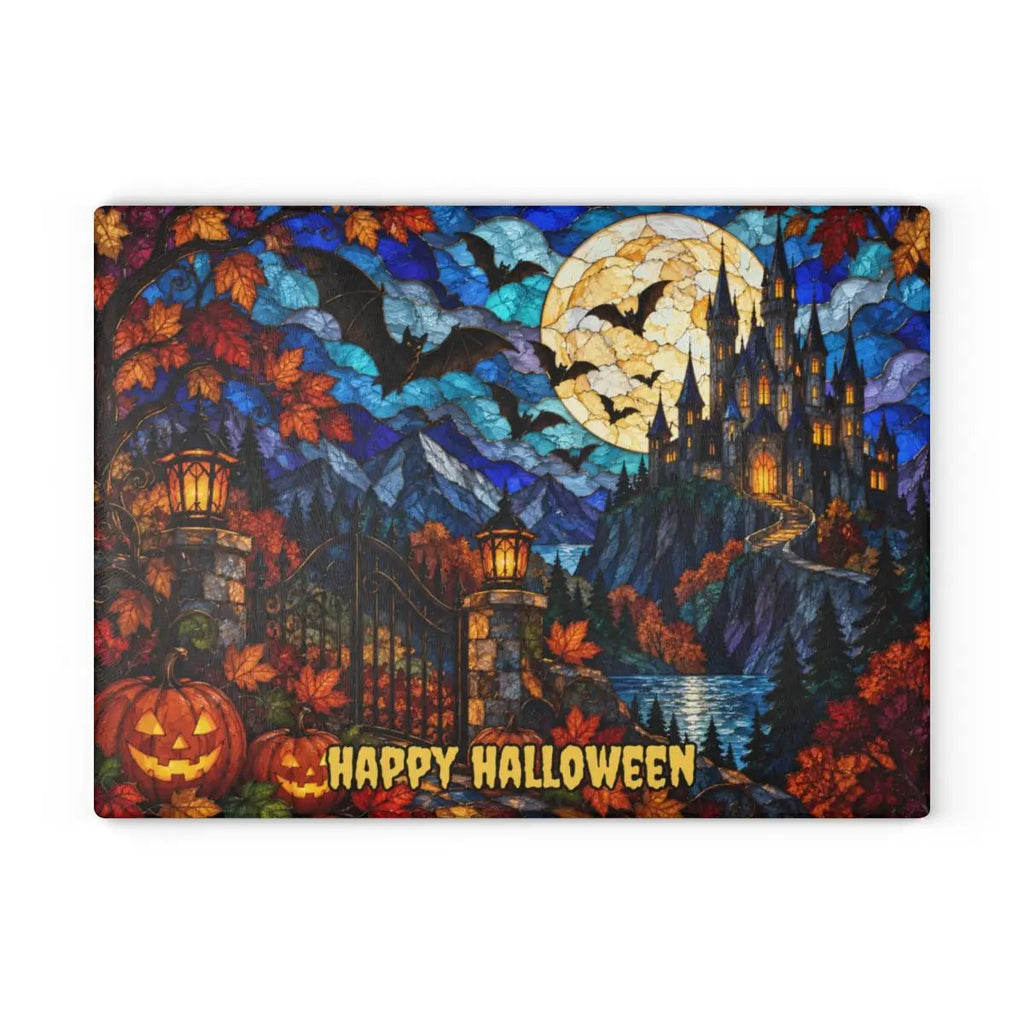 Halloween Castle Personalized Glass Cutting Board, Gothic Haunted House Kitchen Decor