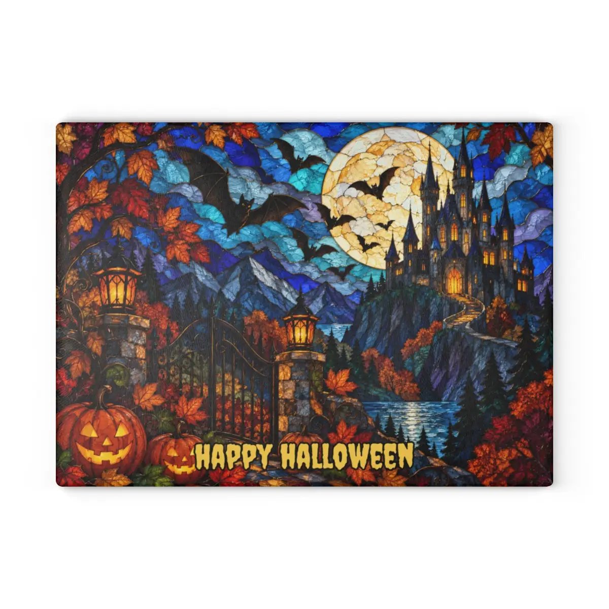 Halloween Castle Personalized Glass Cutting Board, Gothic Haunted House Kitchen Decor