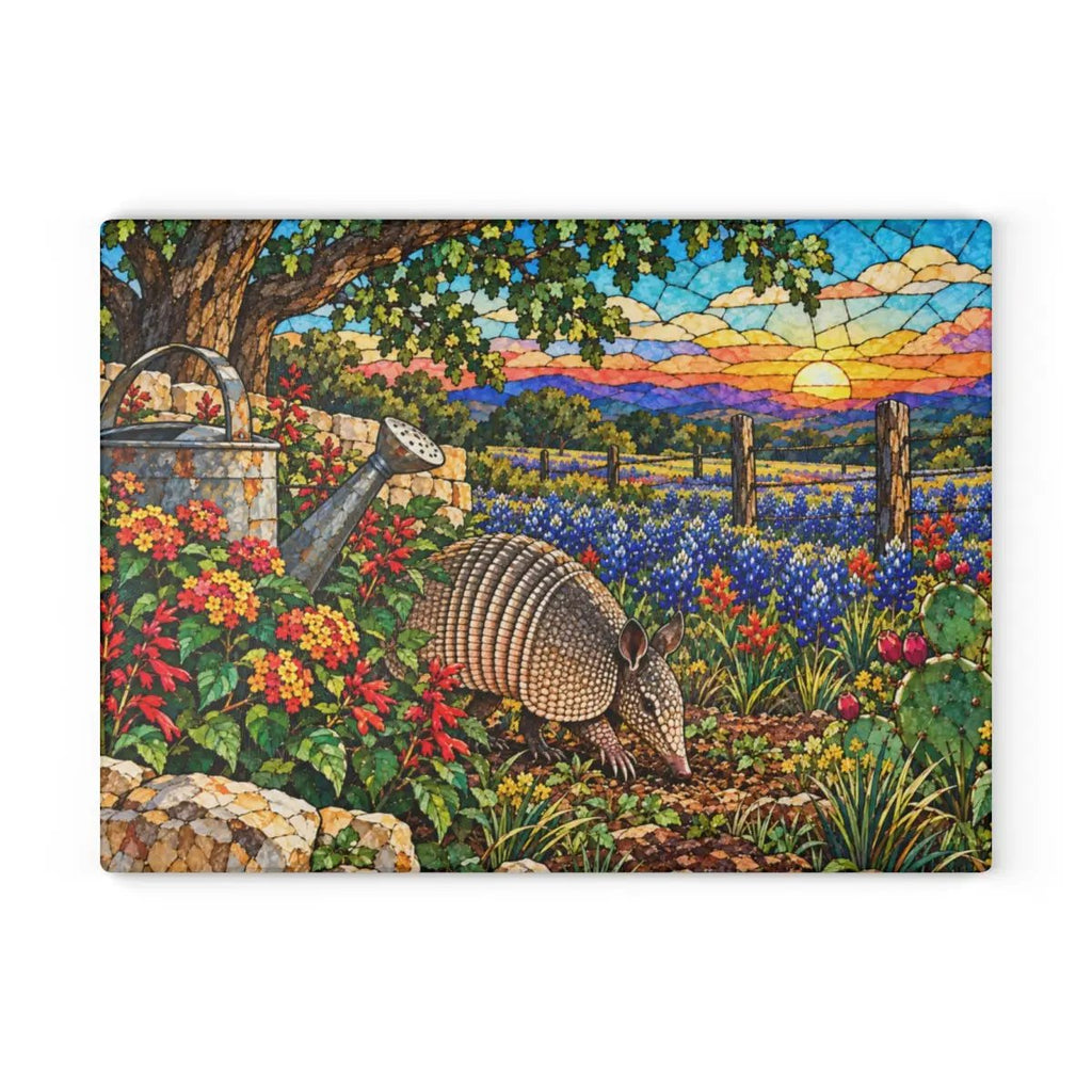 Texas Armadillo Glass Cutting Board, Bluebonnet Kitchen Decor, Stained Glass Style Texas Wildlife Gift, Country Garden Housewarming Gift