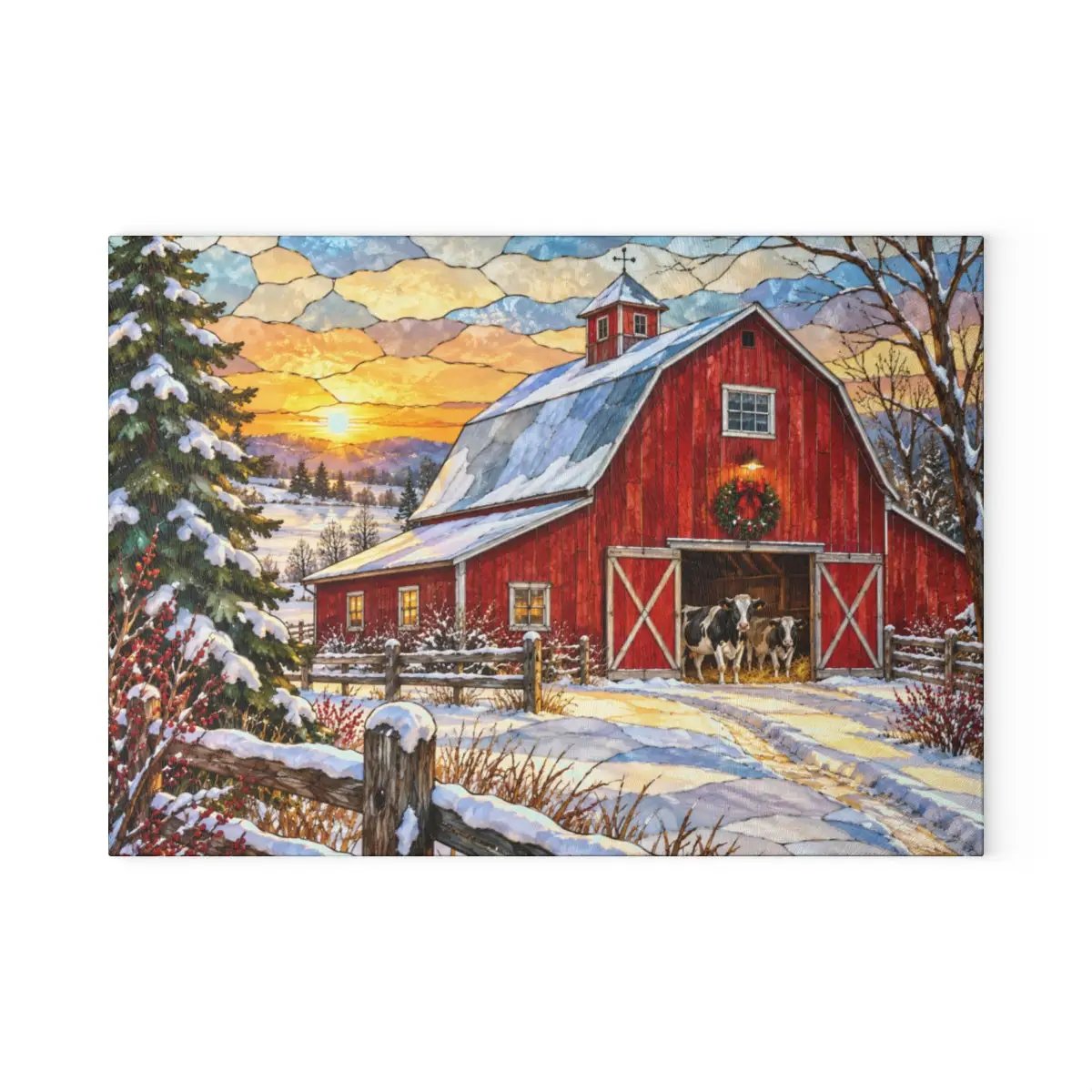 Personalized Winter Barn Cutting Board, Country Farmhouse Kitchen Decor, Stained Glass Farm Scene, Rustic Christmas Gift, Custom Family Gift