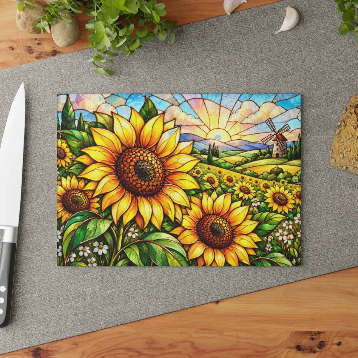 Sunflower Glass Cutting Board, Windmill Kitchen Decor, Sunflower Meadow Cutting Board, Country Floral Gift, Stained Glass Kitchen Art