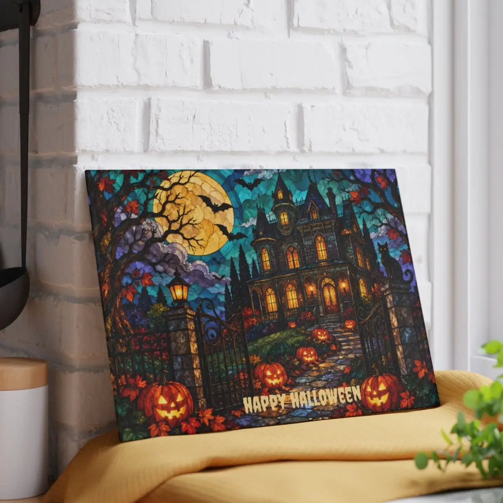 Halloween Haunted Mansion Personalized Glass Cutting Board, Spooky Pumpkin Kitchen Decor