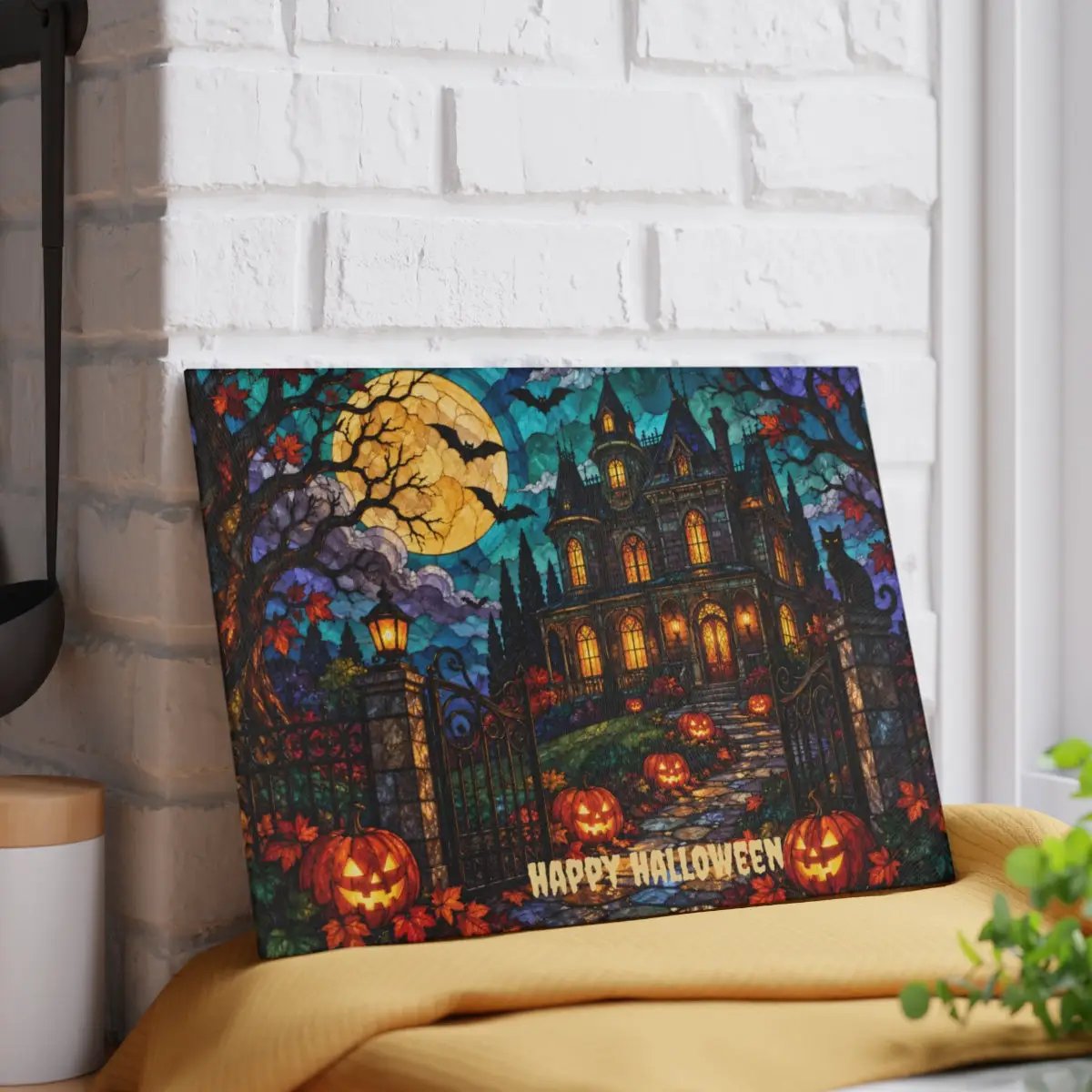 Halloween Haunted Mansion Personalized Glass Cutting Board, Spooky Pumpkin Kitchen Decor