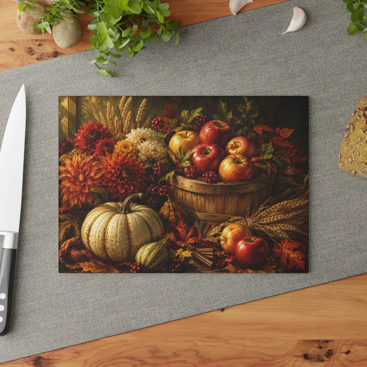 Apple Harvest Glass Cutting Board, Fall Farmhouse Kitchen Decor, Pumpkin Apple Cutting Board, Autumn Kitchen Gift