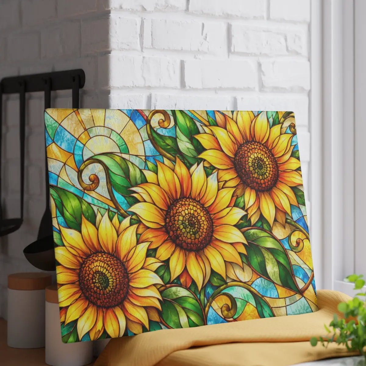 Sunflower Glass Cutting Board, Stained Glass Floral Kitchen Decor, Art Nouveau Sunflower Board, Yellow Flower Gift, Colorful Kitchen Art
