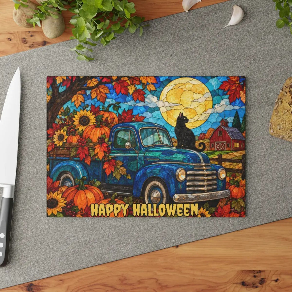 Halloween Fall Truck Personalized Glass Cutting Board, Spooky Pumpkin Kitchen Decor