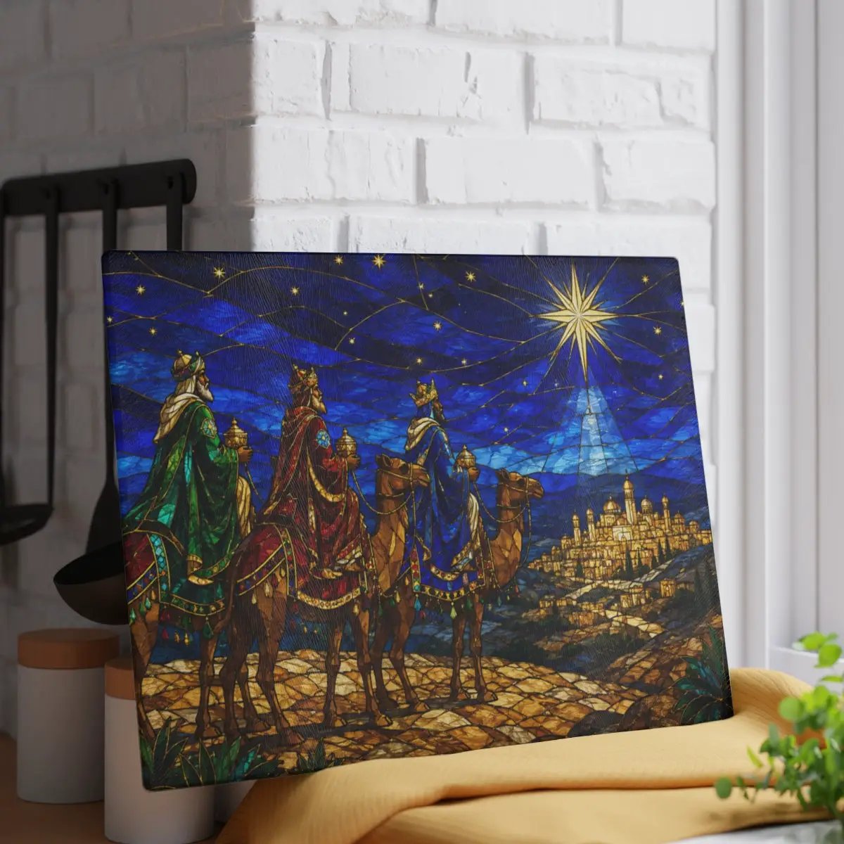 Three Wise Men Glass Cutting Board, Christian Christmas Gift, Magi Star of Bethlehem Decor, Religious Christmas, Stained Glass Art