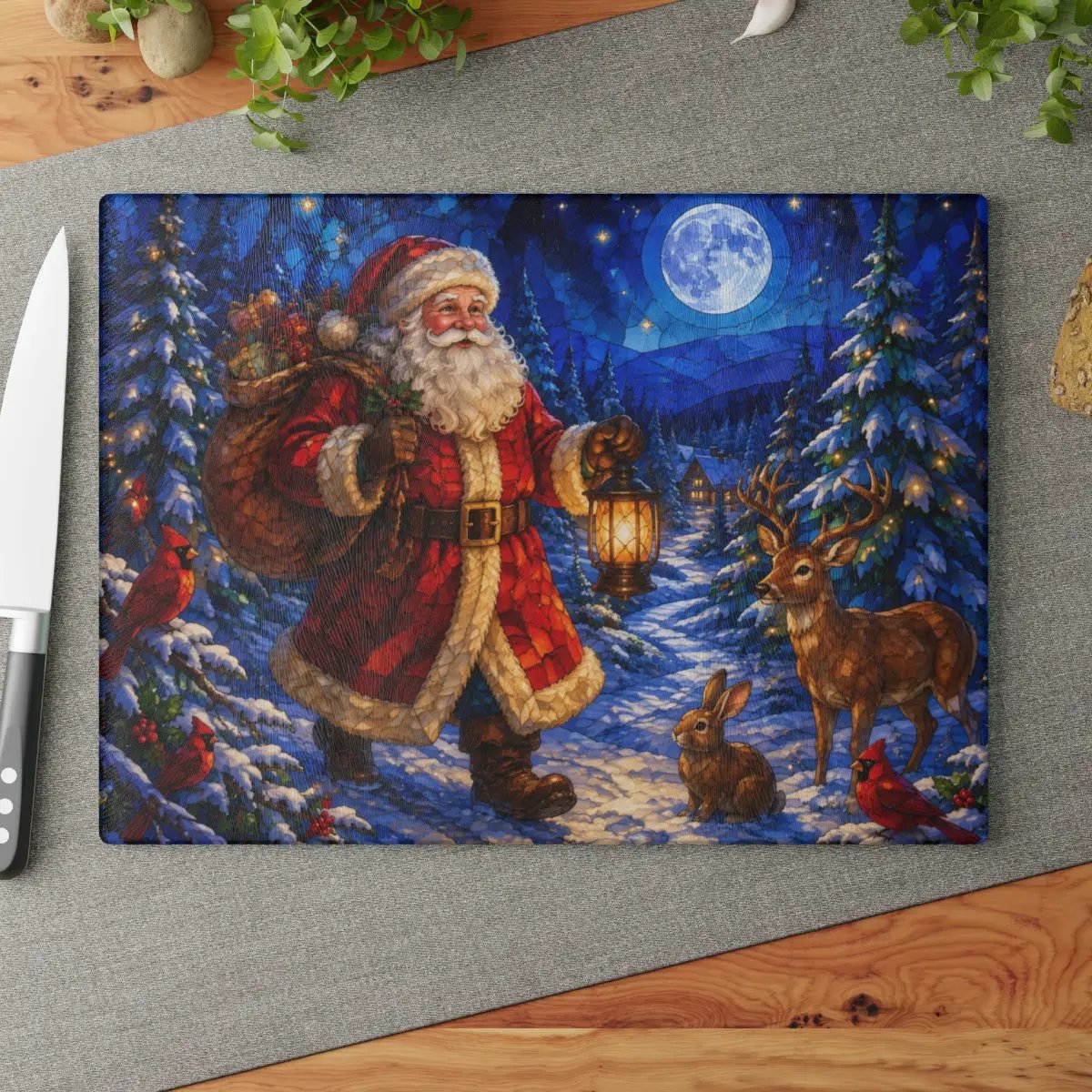 Santa Christmas Glass Cutting Board, Woodland Santa Kitchen Decor, Stained Glass Christmas Art, Cardinal Deer Holiday Gift