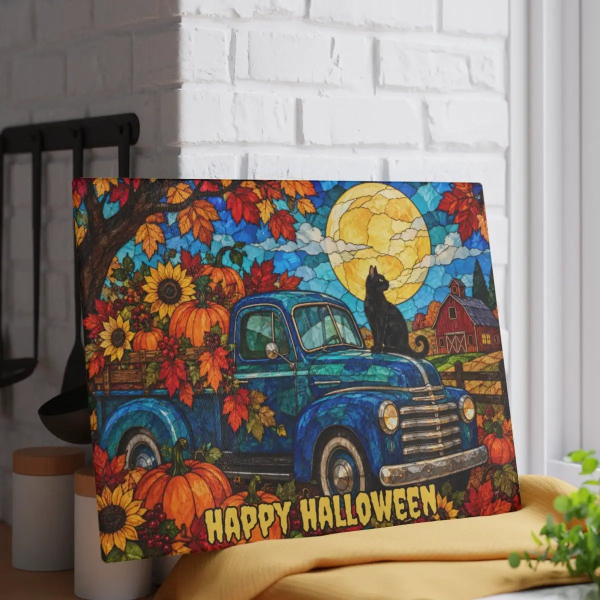 Halloween Fall Truck Personalized Glass Cutting Board, Spooky Pumpkin Kitchen Decor