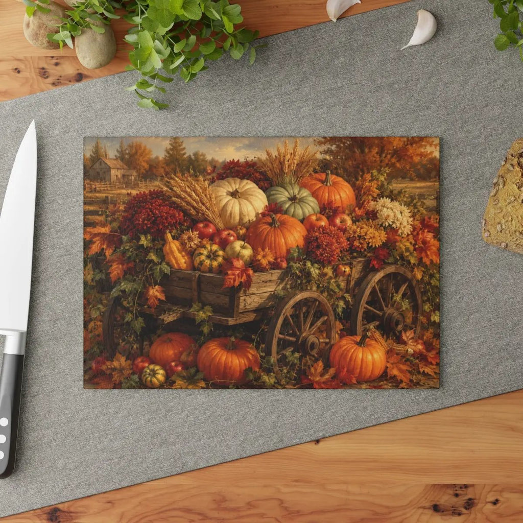 Fall Harvest Wagon Glass Cutting Board, Rustic Farmhouse Kitchen Decor, Pumpkin Cutting Board, Thanksgiving Gift