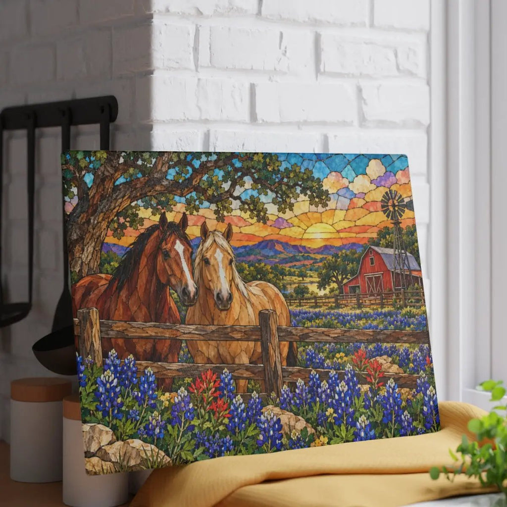 Bluebonnet Ranch Glass Cutting Board, Texas Horse Kitchen Decor, Bluebonnet Gift, Western Ranch Decor, Stained Glass Style Cutting Board